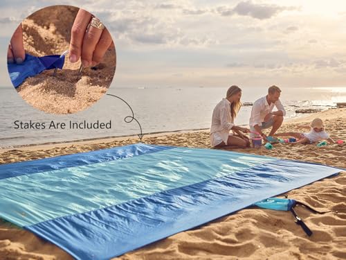 WEKAPO Beach Blanket Sandproof Waterproof, Extra Large Beach Mat, Oversized & Compact Sand Free, Quick Drying Beach Essentials for Vacation, Cruise, Picnic & Camping with Stakes - color: Blue, size: 7x7 FT (1～3 person)