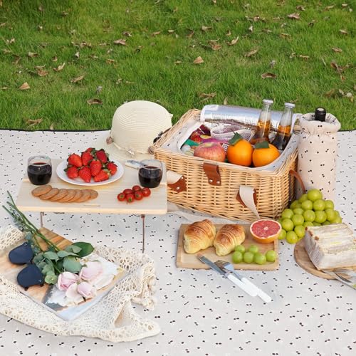 HappyPicnic Picnic Basket for 2, Handmade Wicker Picnic Set with Folding Table and Waterproof Blanket, Large Insulated Picnic Basket with Wine Bag & Cutlery Kit for Picnic, Camping, Holidays (Flower) - color: White Flower, size: 2-person set