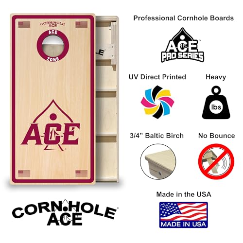 CornholeAce ACE PRO Professional Cornhole Boards - No Bounce! Triple Wide Legs, 3/4" Baltic Birch Plywood, Handles, Regulation Size (4x2ft), Tournament Style, Made in USA - color: Maroon