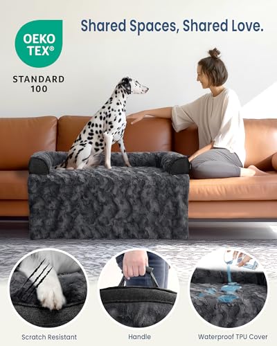 Calming Medium Dog Bed for Couch, 35 x 31 inch Removable Couch Cover for Dogs Washable, Non-Slip Fluffy Plush Dog Sofa Mat for Furniture Protector - Dark Grey - color: Dark Grey, size: Medium
