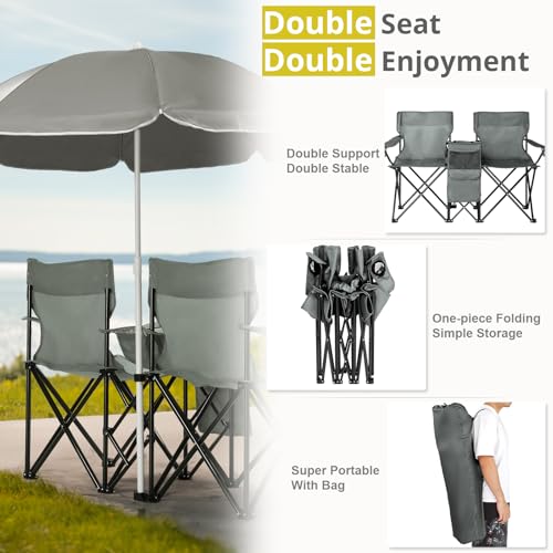 Outvita Folding Double Camping Chair w/Umbrella Beverage Holder Carrying Bag Cooler Fold Up Table, Large Bearing Capacity for Beach Patio Pool Park Outdoor Gray - color: Grey