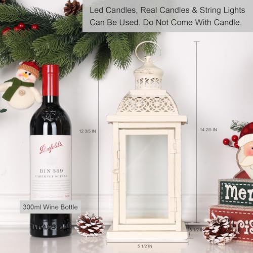 Lantern Decorative Indoor&Outdoor, 14.4'' Large Metal Candle Lanterns, Vintage Hanging Candle Holders Farmhouse Shelf Wedding Front Porch Patio Decor, Christmas Halloween Decorations for Home - color: Begie / 14.4’’h
