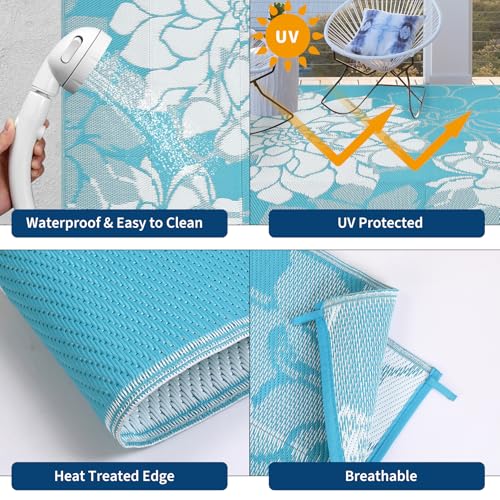 GarveeHome Outdoor Rug Waterproof 8x10 Reversible Outdoor Plastic Straw Rug Modern Floral Patio Rugs Indoor Outdoor Mat RV Mat Outside for Patio Camp Balcony Deck Picnic, Light Blue - color: Floral|light Blue, size: 8' x 10' (Rectangular)