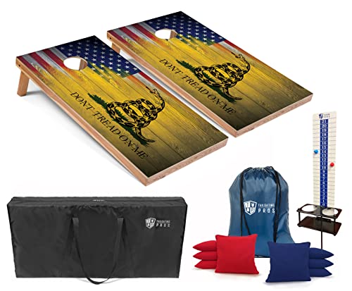 Tailgating Pros Cornhole Boards - 4'x2' Regulation Boards w/Carrying Case, Score Keeper, & Set of 8 Corn Filled Bags w/Tote - size: 4'x2' Boards w/ LED Ring Lights, style: US/Gadsden Flag