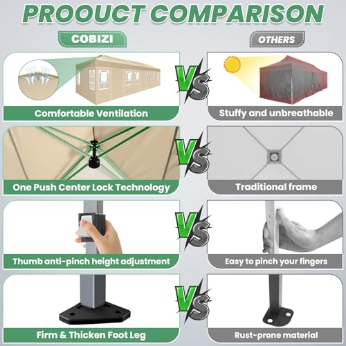 COBIZI 10x30 Pop Up Canopy One Push Party Tent with Air Vent Waterproof Commercial Outdoor Patio Gazebo with 8 Removable Sidewalls, 3 Adjustable Height for Parties, Roller Bag, Sandbag, Khaki - color: Khaki, size: 10x20【with 6 sidewalls】