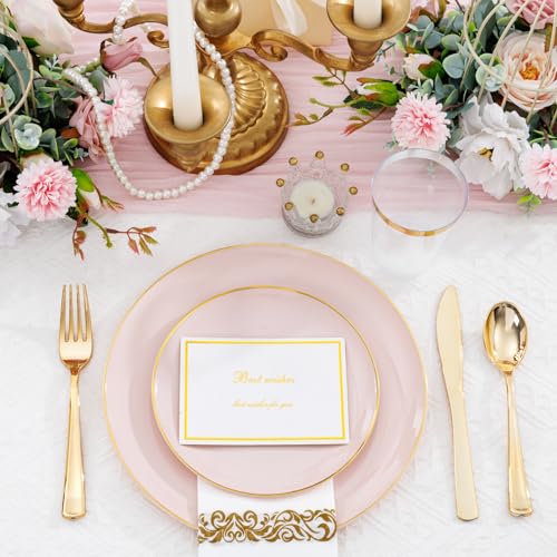 Supernal 350pcs Pink Plastic Plates,Plates Disposable Heavy Duty,Pink Disposable Plastic Dinnerware Set Include 50 Dinner Plate,50 Dessert Plate,50 Gold Cutlery,50 Cups&50 Napkins for Party&Wedding - color: 350pcs Pink and Gold Plastic Dinnerware Set