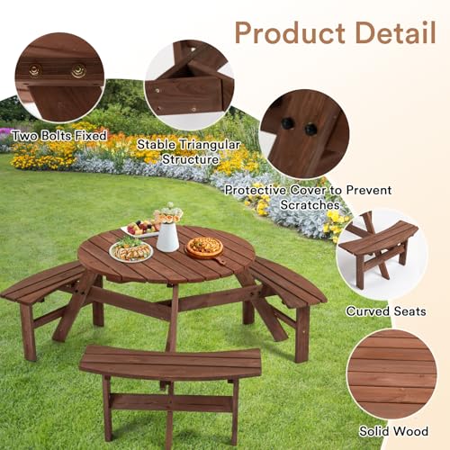 Zevemomo 6 Person Wood Picnic Table, Round Tabletop with Umbrella Hole, 3 Built-in Curved Benches, 1720LBS Total Capacity for Patios, Backyard, Brown - color: Brown, style: 6-Person
