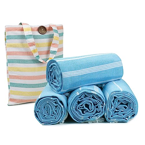 HILLFAIR Cotton Turkish Beach Towels, Quick Dry Lightweight Sand Free Peshtemal Towel for Bath Swim Yoga Pool Travel, Beach Accessories, Oversized Cotton Turkish Towels (39 x 72 inch- 4 Pack Sky) - color: Sky, size: 39 x 72 inch ( Beach towel - 4 PACK )