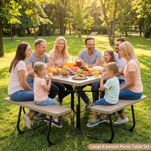 Giantex Picnic Table Bench Set for 8 Persons, Square Outdoor Table and Bench with Umbrella Hole, HDPE Top & Metal Frame, 2000LBS Capacity, Patio Table Set for Deck Yard Garden, Coral Reef - color: Coral Reef, size: Square-35"x35"x30"