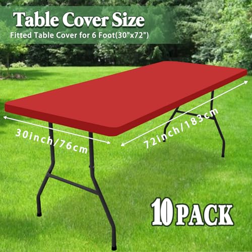 10 Pack Picnic Fitted Table Cover for 6 Foot Tablecloth for Rectangle Tables Waterproof Stretch Washable Folding Indoor and Outdoor Spandex Table Cloth for Camping Banquet and Parties (Red,30" x 72") - color: Red, size: 30"x72" (Pack of 10)