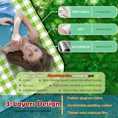 CUNCUI Picnic Camping Blankets, 3 Layers Thick Soft Gingham Blanket, Large 59X79IN Foldable Waterproof Rug, Portable Outdoor Mat for Beach Grass Hiking Park Travel, Sandproof, Machine Washable-Green - color: Green