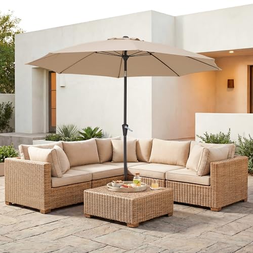 JEAREY 9FT Outdoor Patio Umbrella, Market Umbrella with 8 Fiberglass Ribs & Tilt/Crank, UV Protection & Wind-Resistant Pool Umbrella for Lawn Garden Deck Backyard, Cream Beige - color: Cream Beige