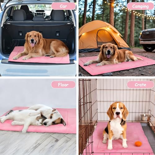 Kritter Planet Waterproof Foldable Dog Bed Pad for Camping & Travel, Portable Roll-Up Dog Bed Car Seat Pet Cushion Mat with Handles for Medium & Large Dogs, Indoor & Outdoor Use - color: Pink, size: 50"x28"