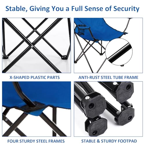 Folding Camping Chair with Cup Holder, 225lbs Capacity, Portable Foldable Chair with Large Anti-Sink Feet, PE Coated Fabric for Outdoor, Beach, Fishing, Backpacking, Blue 2PCS - color: Blue