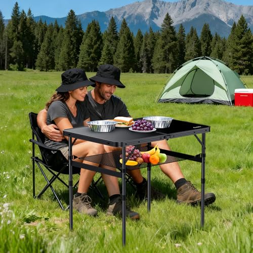 Anbte Folding Camping Table, 36" x 24" Portable Table Adjustable Height Max 28 inch Aluminum Folding Table with Storage Net, Lightweight, Portable Handle for Travel, Outdoor, Backyard (Black) - color: Pure Black, size: 36"L x 24"W x 27.5H"