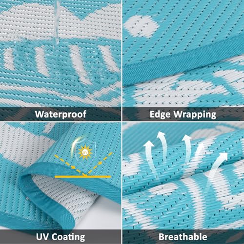 Pauwer Waterproof Outdoor Rug 6x9, Reversible Plastic Straw Patio Camping Rug, Indoor Outdoor RV Mat Carpet for Deck, Camper, Porch, Balcony, Backyard, Picnic, Paisley Teal - color: Paisley Teal, size: 6' x 9' (Rectangular)