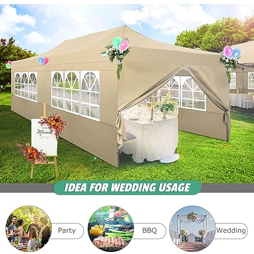 COBIZI 10x20 Pop Up Canopy Tent Heavy Duty with 6 Removable Sidewalls, Commercial Heavy Duty Pop Up Tent for Parties All Weather Waterproof and UV 50+ Wedding Tent with Roller Bag(Legs Upgraded) - color: Khaki, size: 10x20FT