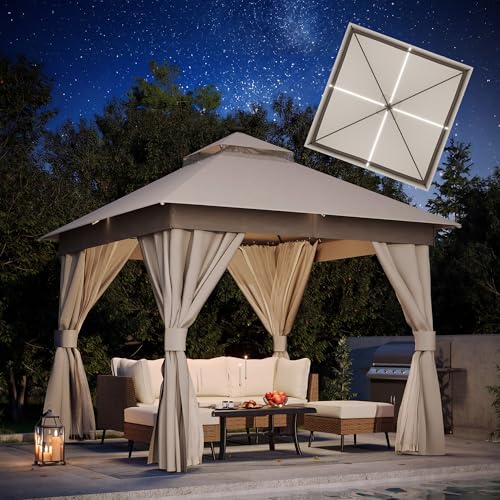 LAUSAINT HOME 10'x10' Outdoor Gazebo with Solar LED Lights, Metal Heavy Duty Patio Canopy Tent Shelter with Double Roofs, Mosquito Nettings and Privacy Screens for Backyard, Garden, Lawn, Khaki - color: Khaki, size: 10'x10' with LED Lights