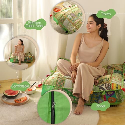 THE ART BOX Cotton Patchwork Vintage Boho Embroidered Floor Pillows & Cushion Cover Green Pouf Seating Pouf Meditation Pillow Pet Bedding Bed Boho Home Décor (35x35 Inches, Cover Only) - color: Light Green