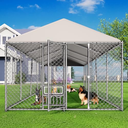 Lyromix 10 x 20FT Large Outdoor Dog Kennel with Bowls, Dog Kennel Outside with Waterproof Cover Roof, Galvanized Heavy Duty Chain Link Dog Runs Cage Playpen for Outside with Secure Lock