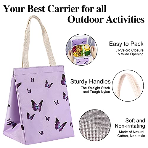 iknoe Insulated Lunch Bag for Women, 9L Durable Wide-Open Foldable & Portable Lunch Tote with Interior Pockets, Water-resistant Thermal Lunch Cooler for Adults Picnic Beach (Purple Butterfly) - color: purple butterflies, size: Velcro Closure
