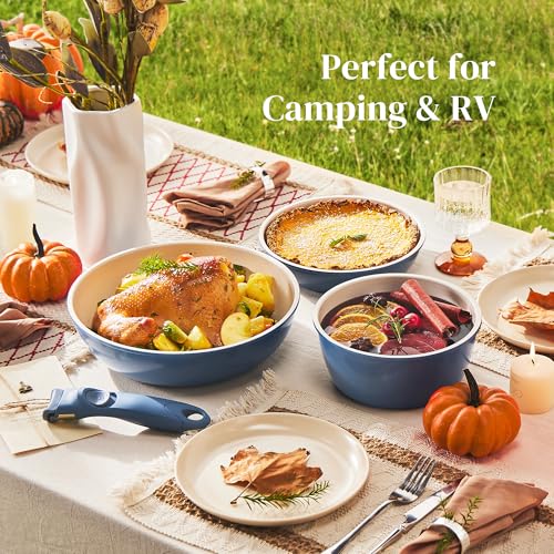 Redchef 16pcs Ceramic Nonstick Pots and Pans Set, Kitchen Cookware Set with Removable Handle, Non Toxic Cookware Set, PFAS PFOA & PTFE Free, RV Ceramic Cookware for Camping, Dishwasher/Oven Safe - size: 16 pcs Blue