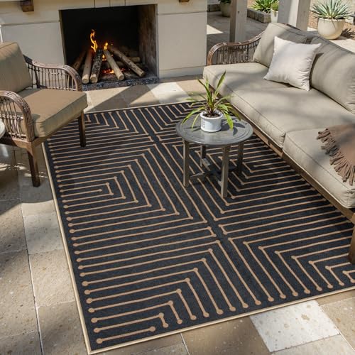 Lahome Neutral Geometric Outdoor Rug, 5x7 Black Living Room Dining Room Rug Indoor Outdoor Carpet, Farmhouse Rhombus Non Slip Non Shedding Carpet for Patio Deck Office Classroom - color: Black/Nature, size: 5x7