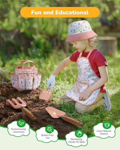 Grenebo Kids Gardening Set Toys, Quality Garden Tool Kit for Kids and Toddlers, Includes Two Shovels, Garden hat,Rake, Apron,Gloves, Watering Can, and Tool Bag (Pink) - color: C-pink
