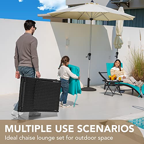 Devoko Patio Chaise Lounge Sets Outdoor Rattan Adjustable Back 3 Pieces Cushioned Patio Folding Chaise Lounge with Folding Table (Blue) - color: Blue