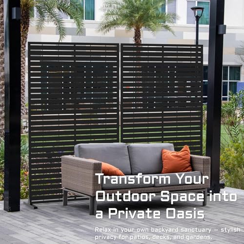 72" H Metal Outdoor Privacy Screen – Freestanding Rustproof Louvered Fence Panel for Patio, Garden, Balcony, AC Unit Cover, Trash Can, Modern Decorative Divider - color: Black & Louvered
