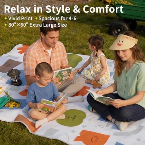 morning deer 80"x60" Large Oxford Picnic Mat, Waterproof & Sandproof Oxford Picnic Blanket for 4-6 People, Thicken Portable Beach Blanket with Carry Strap for Camping, Hiking, Park, Music Festival