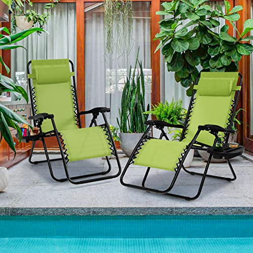 Goplus Zero Gravity Lounge Chairs, 160°Adjustable Folding Recliner w/Pillow and Cup Holder, 350LBS Comfy Outdoor Lounge Chairs for Patio, Lawn, Yard & Camp(Set of 2, Green) - color: Green, size: 35.4" x 25.2" x 43.3" (Set of 2)