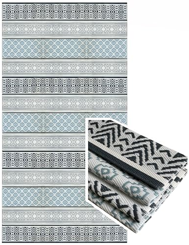 Outdoor Rug - 9x18 Grey, Teal, Reversible Recycled Plastic Straw Outdoor Patio Rugs Clearance Waterproof Large RV Camper Mats 7087 - color: Grey, Teal, size: 9' x 18' (Rectangular)