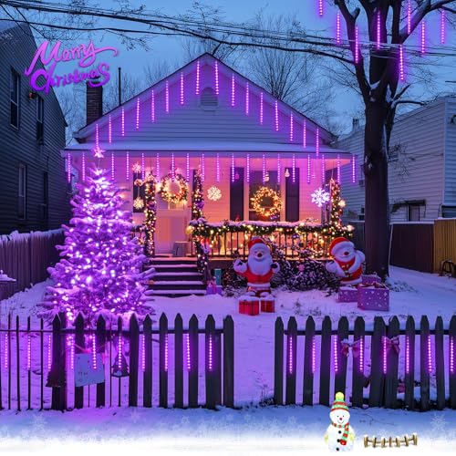 JMEXSUS Solar Christmas Lights Outdoor, 8 Tube 144 LEDs Solar Meteor Shower Lights, Purple Christmas Light for Tree Fence Eaves Patio Yard Holiday Party Decor - color: Purple, size: 1*144LED
