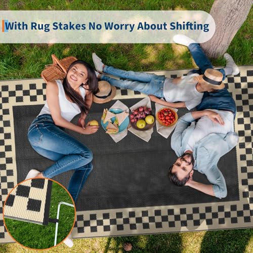 Outdoor Rug Waterproof 8x10 ft Reversible Weather Resistant Plastic Straw Rugs with Stakes & Carry Bag, Modern Geometric Outdoor Patio Rug, Portable Camping Carpet for Backyard Black Beige - color: Border1|black Beige, size: 8' x 10' (Rectangular)