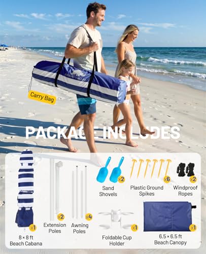 Rhino Valley Beach Cabana, 120 Sq. Ft Beach Canopy UPF50+ Protection, Easy Setup & Adjustable Height Beach Tent Sun Shelter with Cup Holder, Portable for 4-8 People, Blue & White Stripes - color: Blue & White Stripes