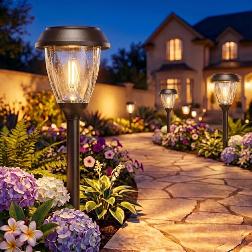 XMCOSY+ Solar Lights Pathway Outdoor - 2 LED Modes 10/25 LM Solar Powered Yard Garden Lighting, Waterproof IP65 Glass Stainless Steel Landscape Lights for Driveway Walkway Sidewalk Decor (Warm White) - color: Brown