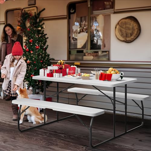 YITAHOME Folding Picnic Table w/Easy Assembly Steel Frame & Wood Like Tabletop, All Weather Folding Picnic Tables with Benches Ideal for Yard Patio Lawn Party, White - color: White