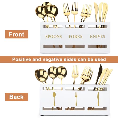 Ayiaren Wood Flatware Silverware Caddy White Cutlery Holder Kitchen Utensils Holder for Party Wooden Silverware Organizer for Countertop Knife Spoon and Fork Holder Table Utensil Caddy Organizer - color: White (Gold Font)