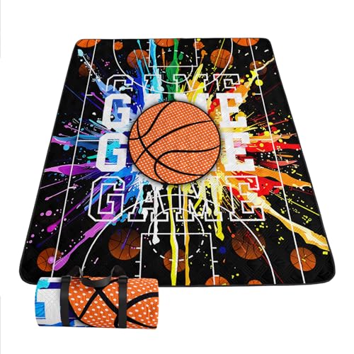 Outdoor Picnic Blanket Portable Ultrasonic Waterproof Picnic Cartoon Basketball Printed Camping Beach Mat for Sand and Wet Grass Hiking (Cartoon Basketball L - color: Cartoon Basketball, size: Extra Long - 78"x78"