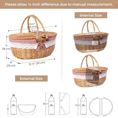 GRANNY SAYS Picnic Basket, Wicker Basket with Lid, Woven Cute Basket with Handle, Storage Basket with Washable Lining & Dual-Flid Lid, Natural Willow Picnic Hamper, Red Lining - color: Red