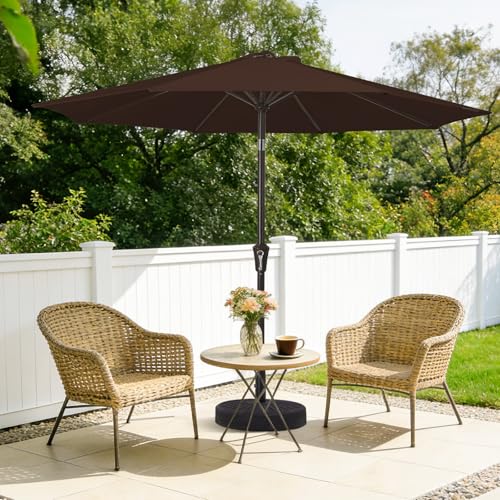 MEWAY 9ft Patio Umbrella Outdoor Table Umbrellas with Push Button Tilt and Crank, Market Umbrella 8 Sturdy Ribs for Deck, Garden, Pool and Backyard, Brown - color: Brown, size: 9ft