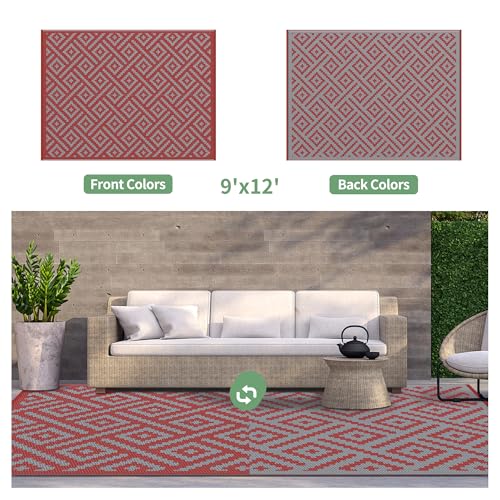 GENIMO Outdoor Rug for Patio Clearance, 9'x12' Reversible Plastic Straw Rugs, Lightweight Waterproof RV Camping Mat for Camper, Balcony, Deck, Backyard, Picnic, Red Grey - color: Red & Grey, size: 9' x 12' (Rectangular)