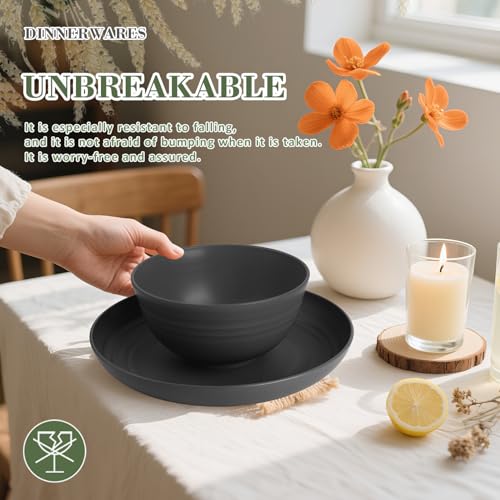 Wrova Wheat Straw Dinnerware Sets of 20,Alternative to Melamine dinnerware sets with Flatwares Dishwasher Safe,Lightweight and Unbreakable Camping Dishes for R.V.(Black) - color: Black, size: 20 Pack