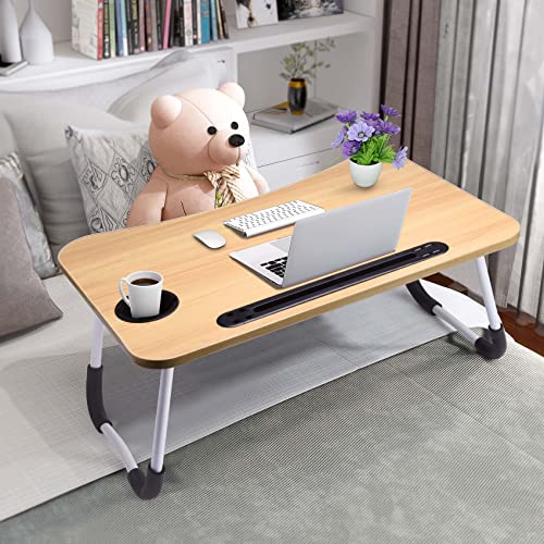 Slendor Lap Desk with Cup Holder, Foldable Laptop Table for Bed, Portable Bed Desk for Laptop and Writing, Computer Tray with Tablet Slot, Notebook Stand Reading Holder for Couch Sofa Floor,Walnut - color: Brown