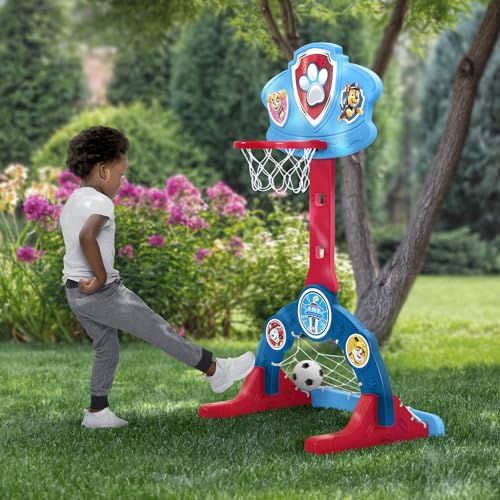 Delta Children PAW Patrol 4-in-1 Sports Center – Adjustable Easy Score Basketball Hoop, Soccer/Hockey Net and Golf Game, Blue - color: Paw Patrol