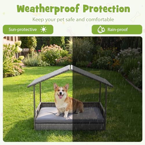 Giantex Outdoor Wicker Dog House with Roof Canopy, Elevated Rattan Dog Bed with Washable Cushion, Weatherproof Patio Pet Bed for Small Medium Dogs, Heavy Duty Metal Frame, 165 lbs, Gray - style: Gray House & Gray Cushion