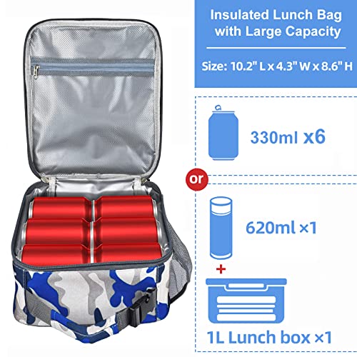Insulated Lunch Bag, Leakproof Portable Box for Women Men Boys Girls, Large Capacity Cooler Bag with Handle and Bottle Pocket for Office School Camping Hiking Outdoor Beach Picnic (Camo Blue) - color: Camo Blue