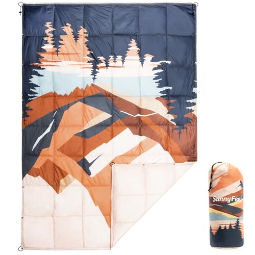 SUNNYFEEL Warm Camping Blanket, Packable Printed Blanket for Cold Weather, Waterproof Outdoor Blanket with Snap Buttons, Wearable Shawl for Camping, Hiking, Stadium, Picnic (55"x79") - color: Mountains