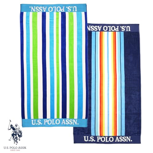 U.S. Polo Assn. 2-Pack Luxury Plush Cotton Oversized (40" x 70") Beach Towels, Striped Nautical Design, Hotel Quality for Bath & Pool- Dark Blue/Light Green - color: Dark Blue/Light Green, size: 40" x 70"
